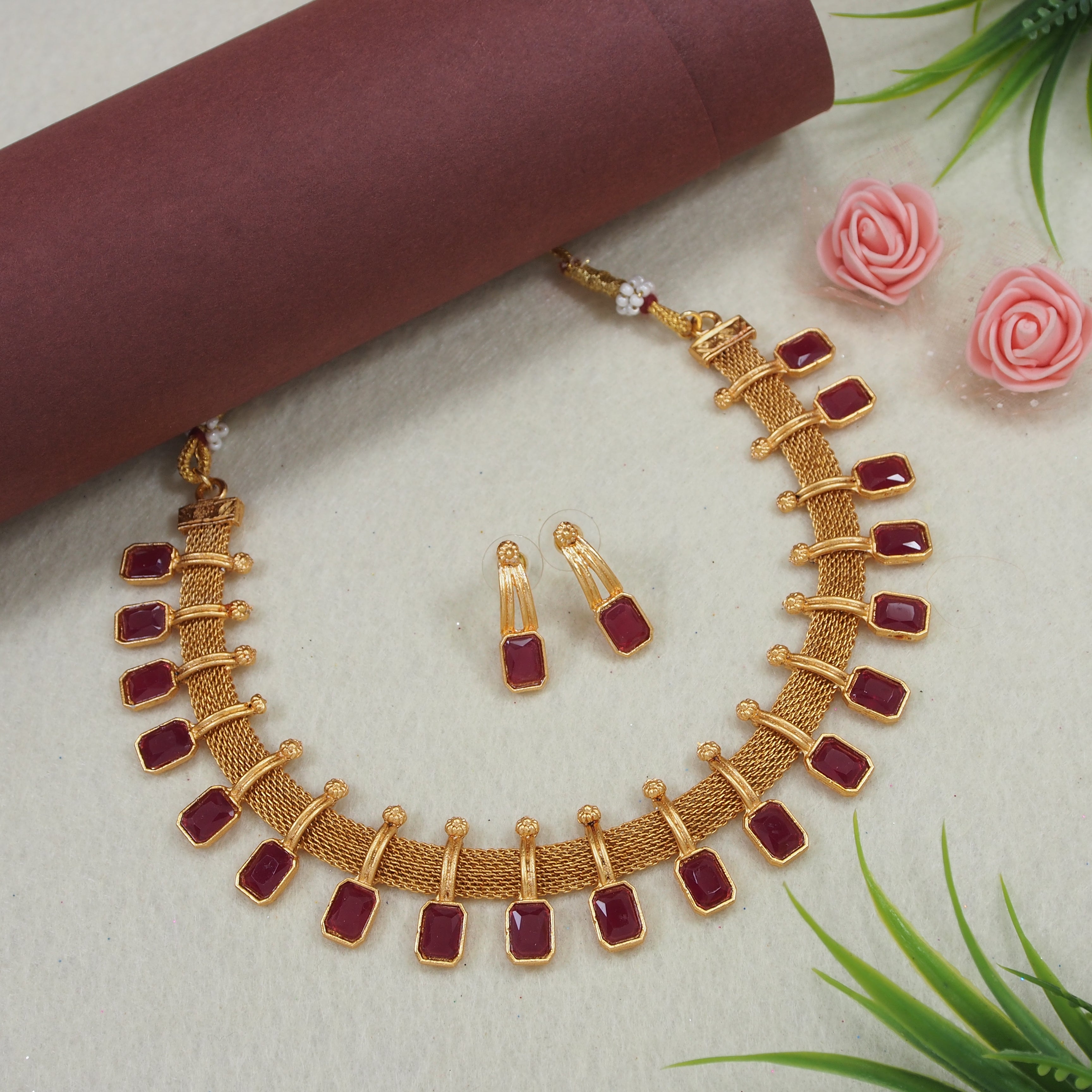 Gold Mesh Work Temple Necklace with Ruby Accents